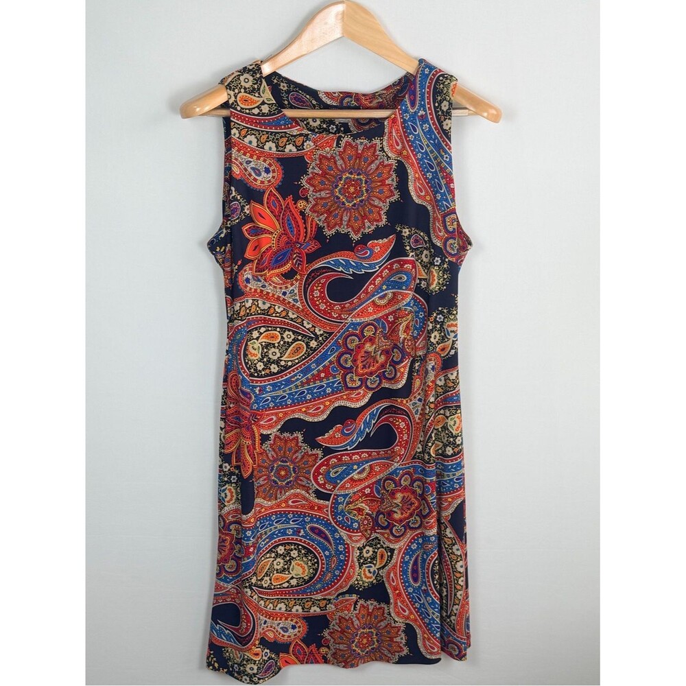 Tommy Hilfiger Paisley Print Shift Dress Sleeveless Navy Orange Red Size 10